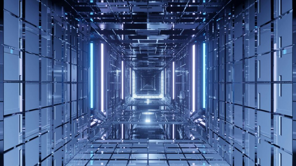 Abstract futuristic corridor background with glowing blue and white lights